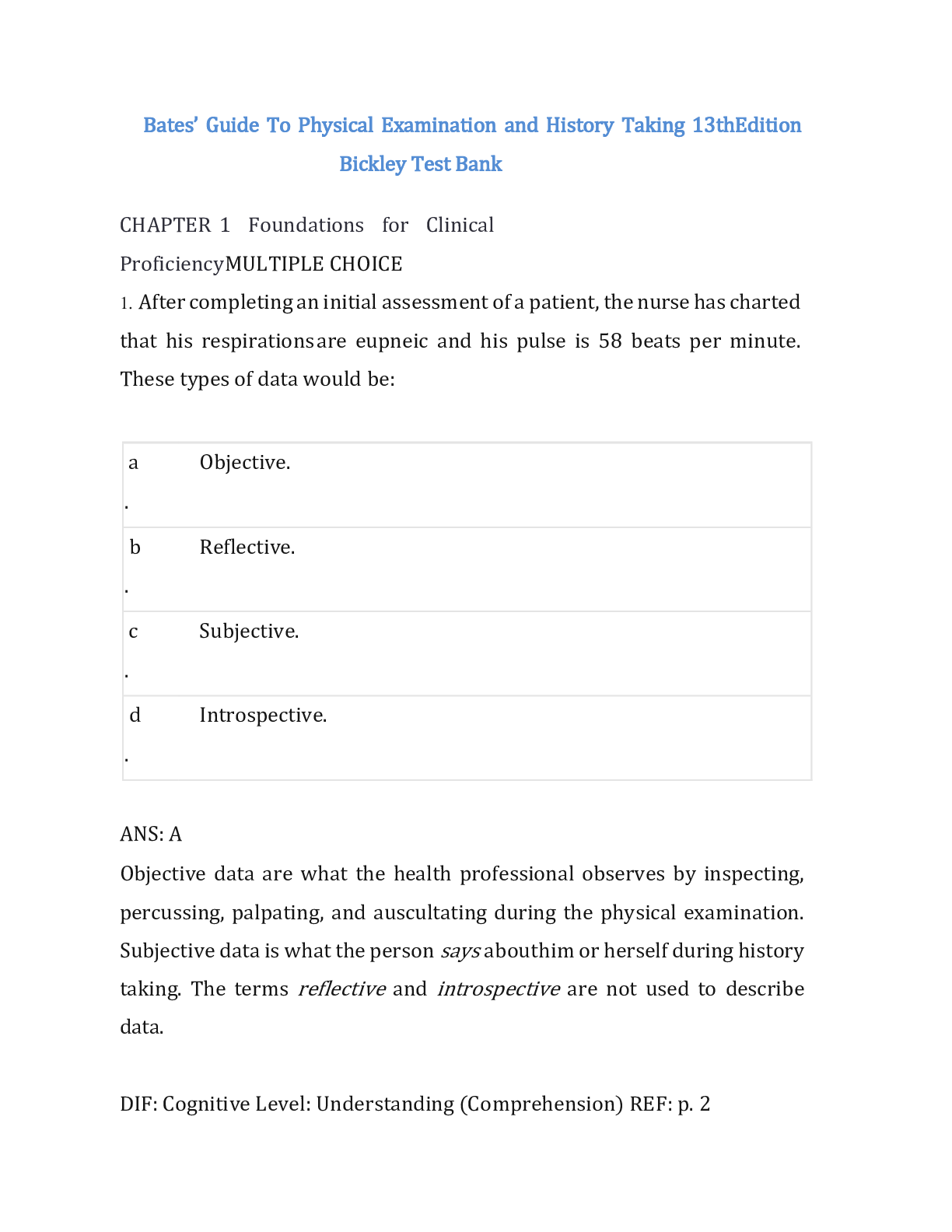 Preview image for Bates’ Guide To Physical Examination and History Taking 13th Edition  Bickley Test Bank